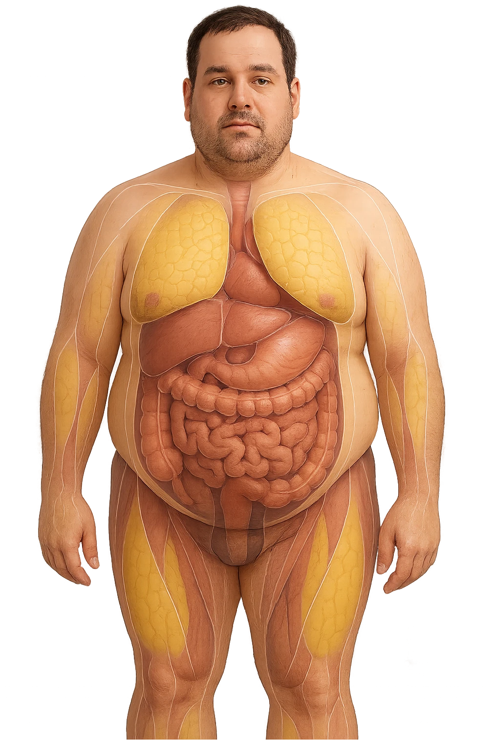 an adult man with a visibly overweight physique stands in a clinical setting. Semi-transparent overlays highlight areas of fat accumulation, especially around the abdomen, chest, and thighs. The fat tissue is shown in yellow, contrasting with underlying muscles and organs. The background is clean and modern, emphasizing the educational aspect. senza scritte emoji