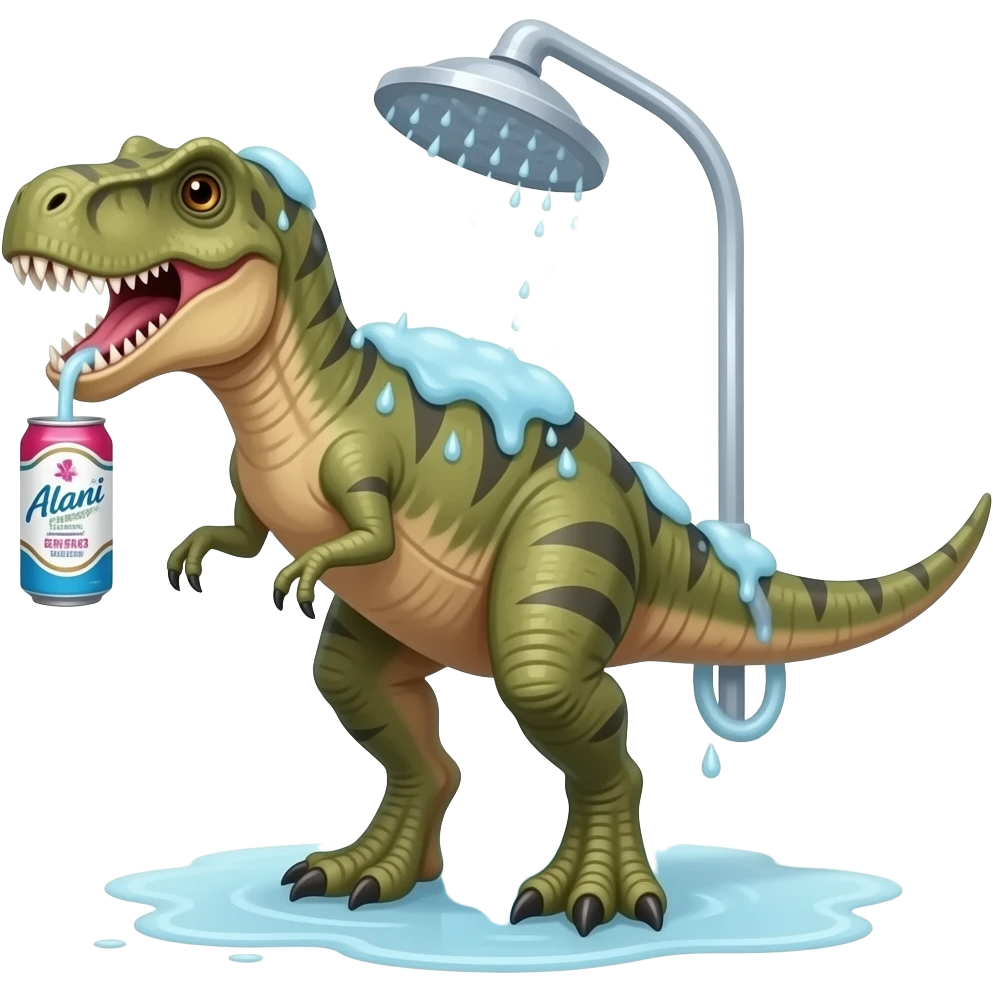 dinasour in the shower drinking alani energy drink emoji