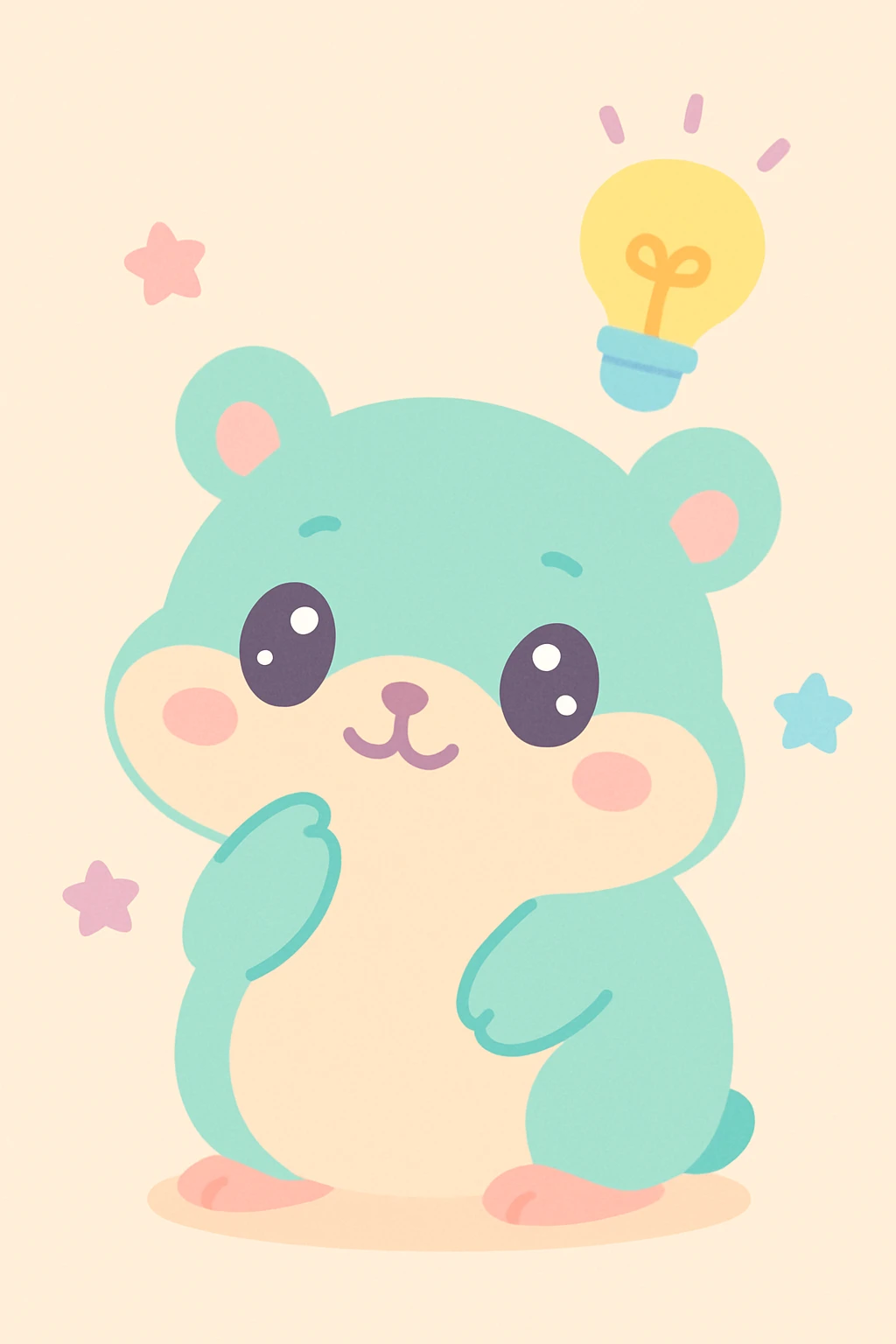 a cute hamster thinking about an idea, lightbulb above its head, playful style, kawaii illustration emoji