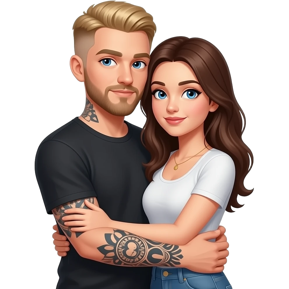 Un couple avec un gars blonc avec une buzzcut, aux yeux bleu, avec une barbe, tatoué et une femme châtain aux yeux bleus, au teint très clair, qui se font un câlin emoji