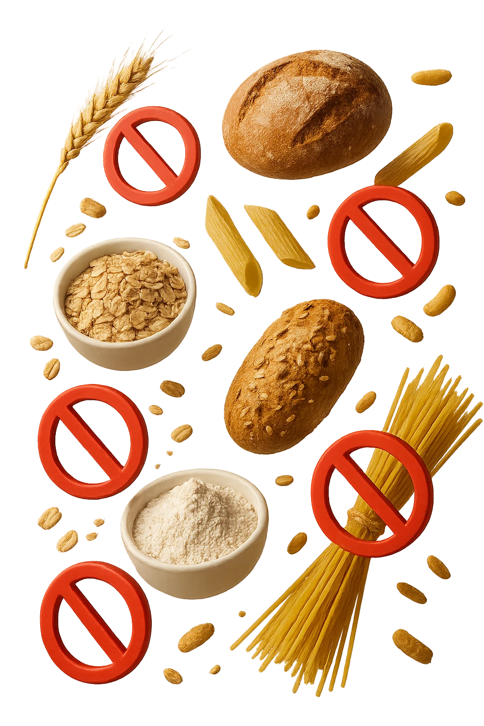 cereali, pane, pasta e farine realistici fluttuano in aria con piccoli divieti 3d, IPERREALISTICO 4K emoji