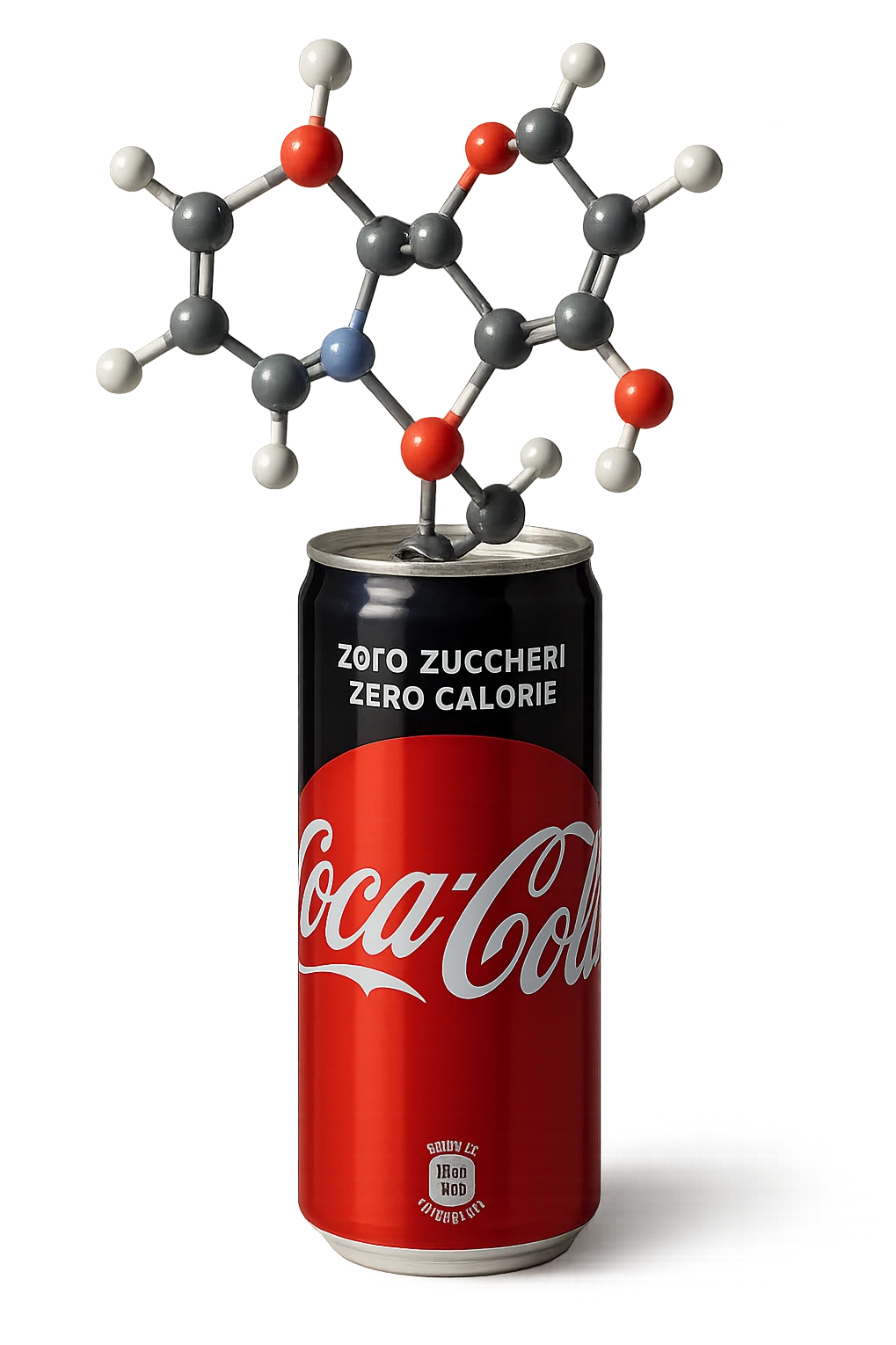 rappresenta una molecola chimica di aspartame che esce da una lattina di coca cola zero, iperrealistica 4k emoji