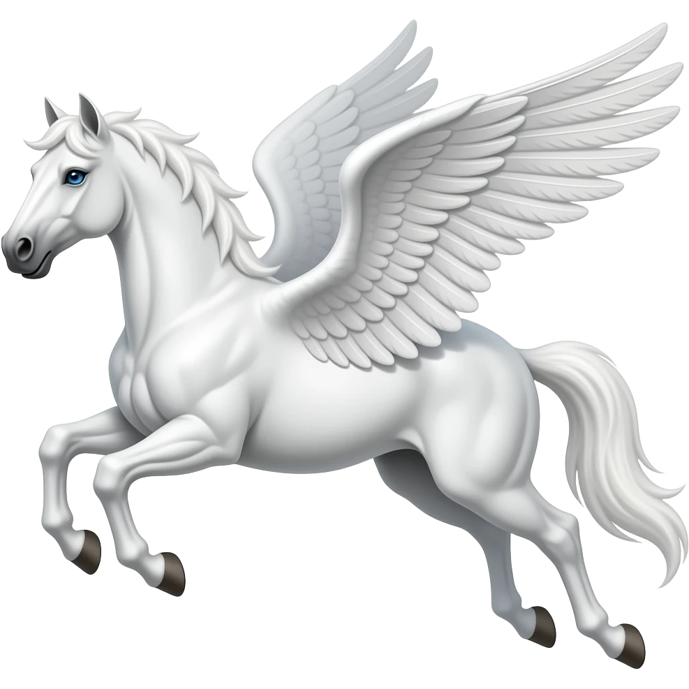 a white strong muscle  stallion flying with wings, a very short mane and blue eyes, emoji