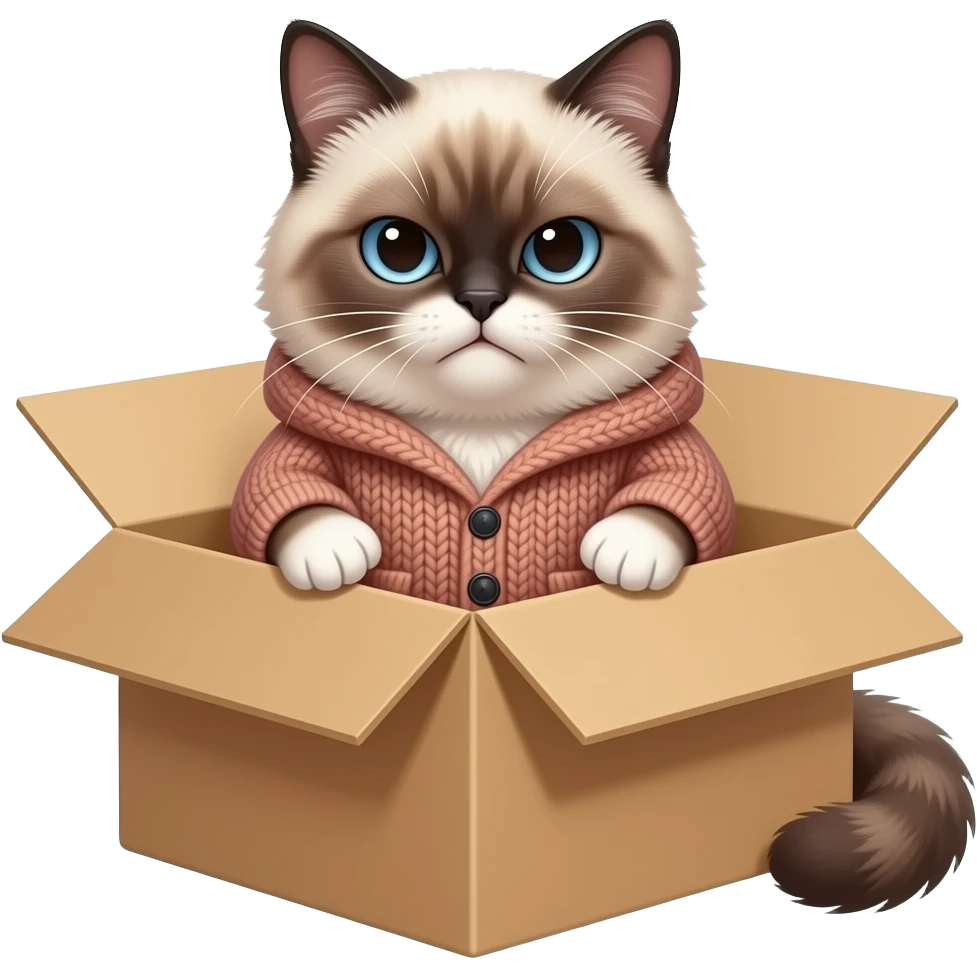 create a grumpy cat trying to put coat in box emoji