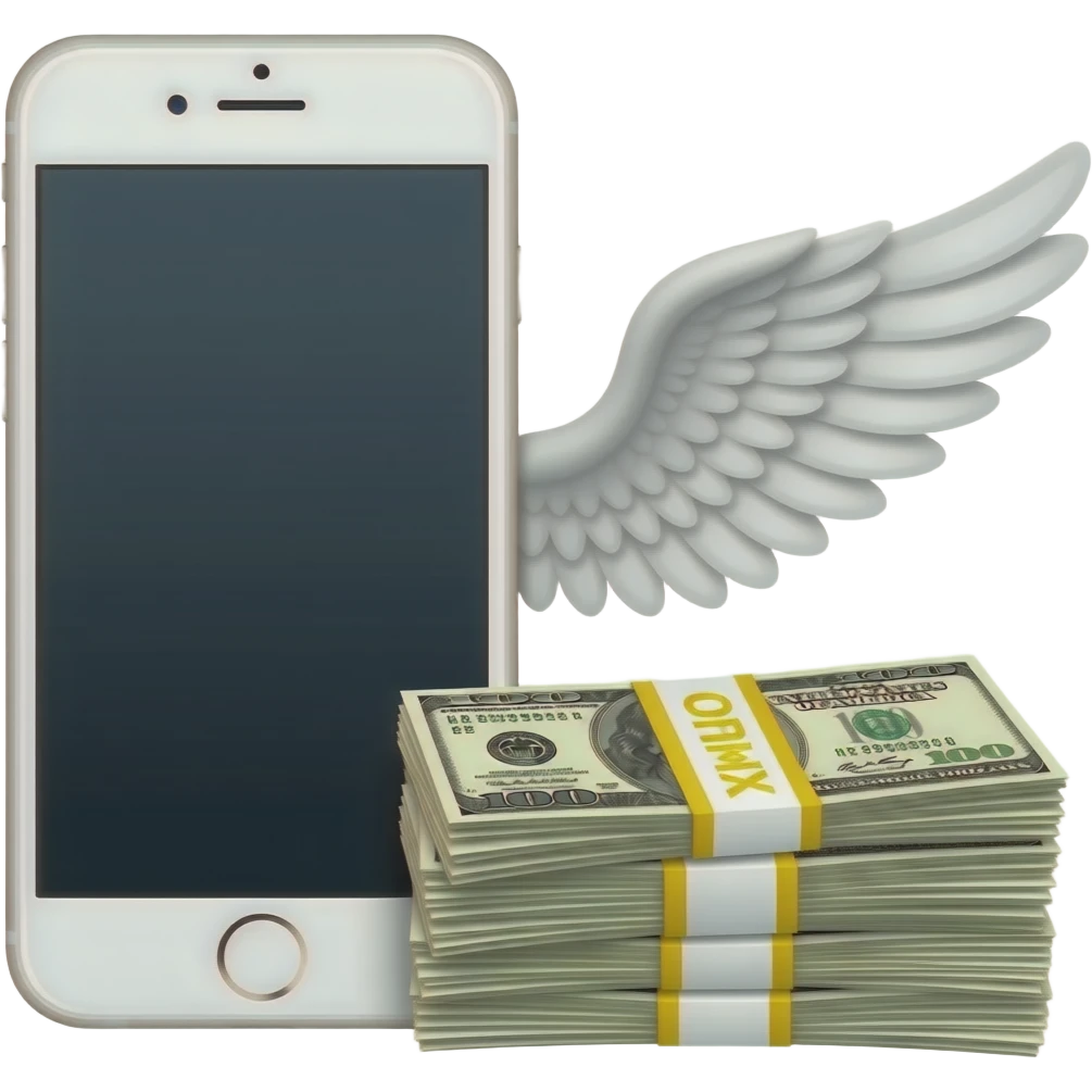A white iPhone, with a stack of bills next to it; the bills have wings on them emoji