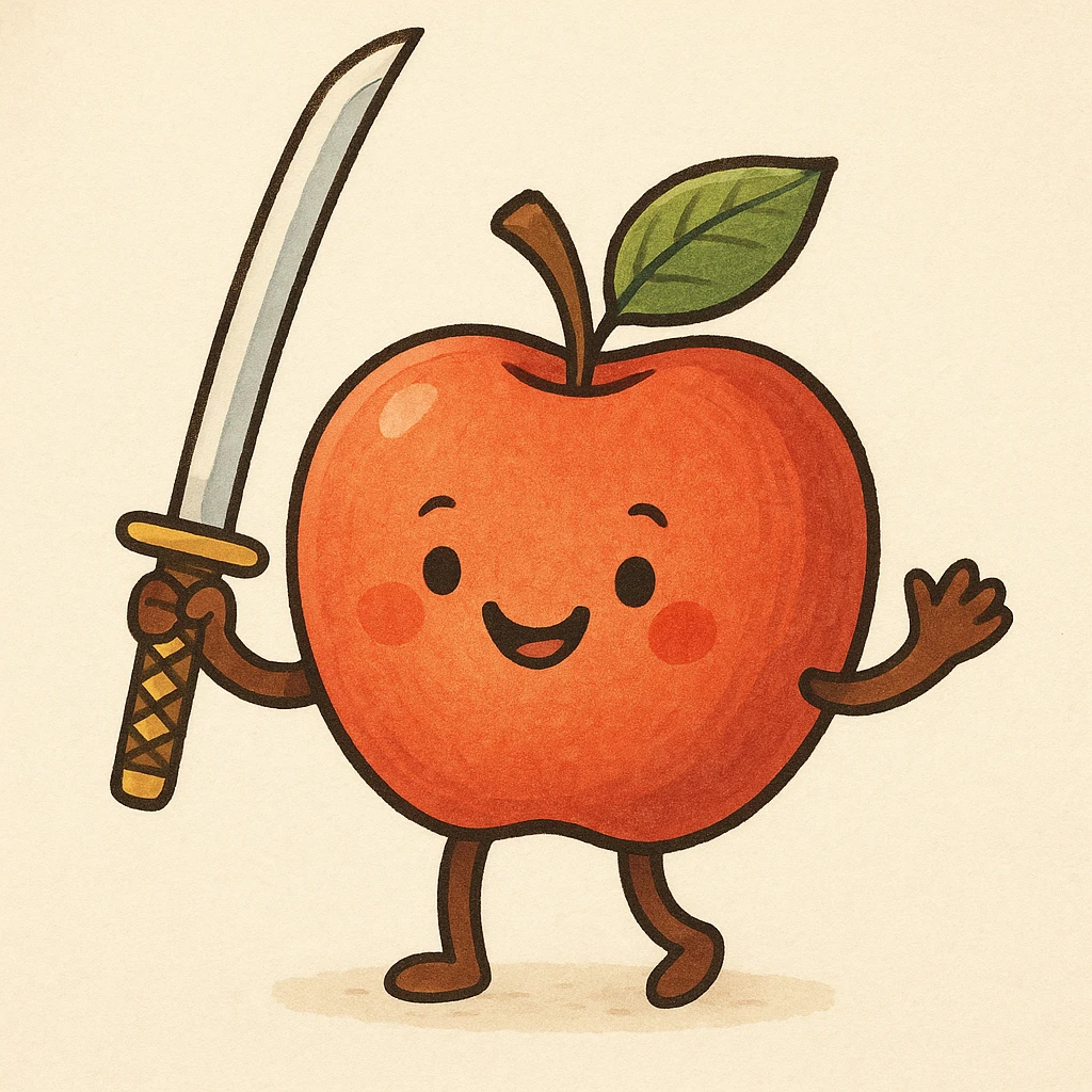 an apple with a katana sword, friendly, inviting illustration style emoji
