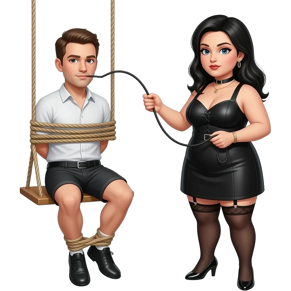 Guy tied up in restrained in sex in sissy clothes  swing, plus size dominatrix with black hair whipping and pegging, emoji