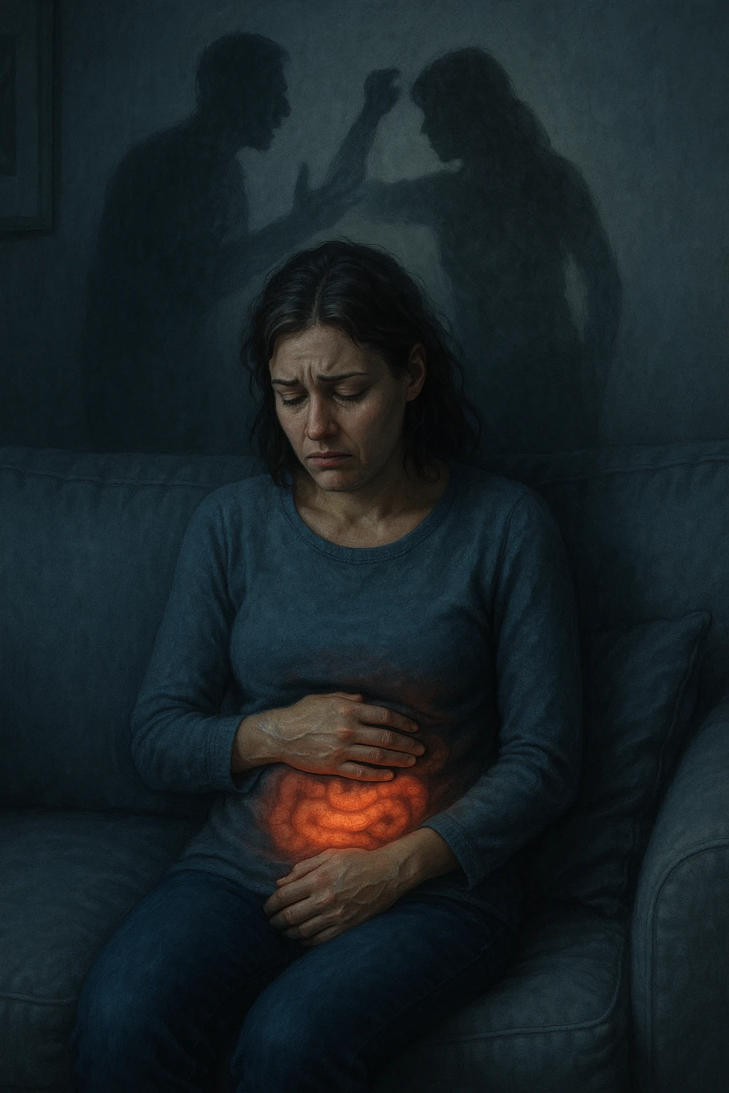 Donna sui 30 anni seduta su un divano, con una mano sull’addome e un'espressione visibilmente provata e triste. Intorno a lei, l’atmosfera è opaca e pesante, con toni freddi. Un’ombra simbolica dietro di lei rappresenta un evento stressante recente (es. un litigio o una perdita). Sul corpo, un lieve bagliore localizzato nella zona intestinale, a simboleggiare il dolore e l'infiammazione. Ambiente domestico, luci basse, emozione visibile. Stile realistico o metaforico con elementi emozionali e viscerali. emoji