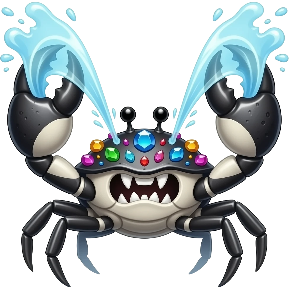 Marinibble A fast and dangerous black and white crab-like creature that gathers shiny multicolored stones on its back. It snaps a 4 big strong claws that burst with pressurized water. emoji