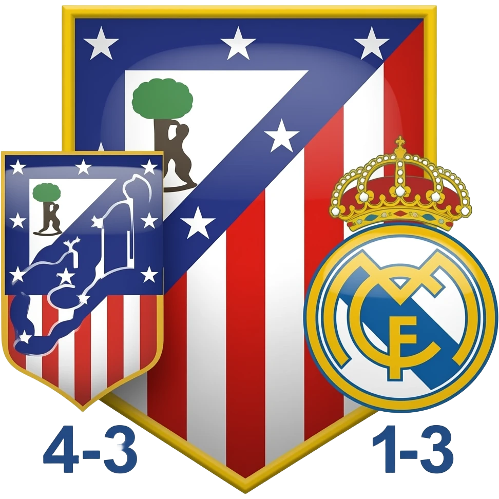 hazme un cartel con el resultado del ultimo derbi entre el Atlético de Madrid y el Real Madrid (4-3 ganado el Atleti) emoji