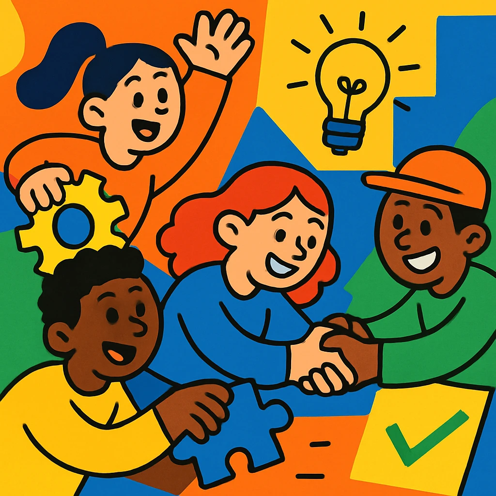 teamwork, vibrant cartoon style, colorful, dynamic, friendly characters collaborating emoji