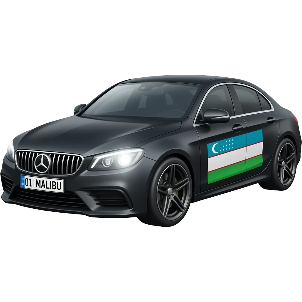 A realistic icon emoji of a metallic black Spark, front wheels steered to the left, dark charcoal tint windows, black alloy 5-spoke rims, Dynamic white glow LED headlights with glowing effect, uzbekistan flag, number texts "01 | MALIBU" in plate emoji