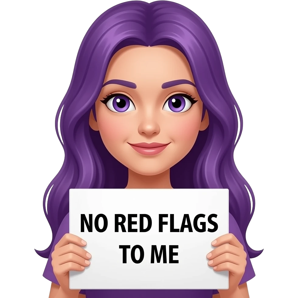sexy girl with long purple hair and purple eyes holding a NO RED FLAGS TO ME sign emoji