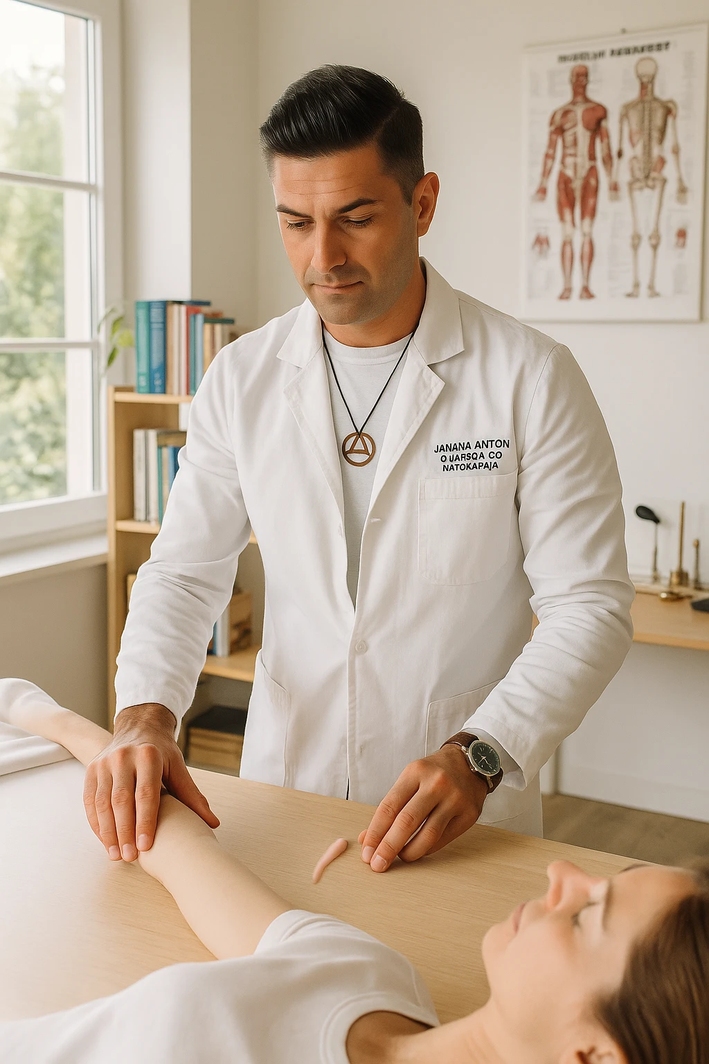 a middle-aged man, dressed in casual professional attire, is in a bright, organized therapy studio. Durante una visita di kinesiologia, il praticante tiene con una mano la foto di una persona lontana (il “testimone”) appoggiata su un tavolo, mentre con l’altra mano esegue un test muscolare su un cliente presente. Sullo sfondo si vedono libri di kinesiologia, poster anatomici e strumenti tipici della disciplina. L’atmosfera è concentrata e serena, con luce naturale che entra dalla finestra, sottolineando l’aspetto alternativo e umano della pratica. emoji