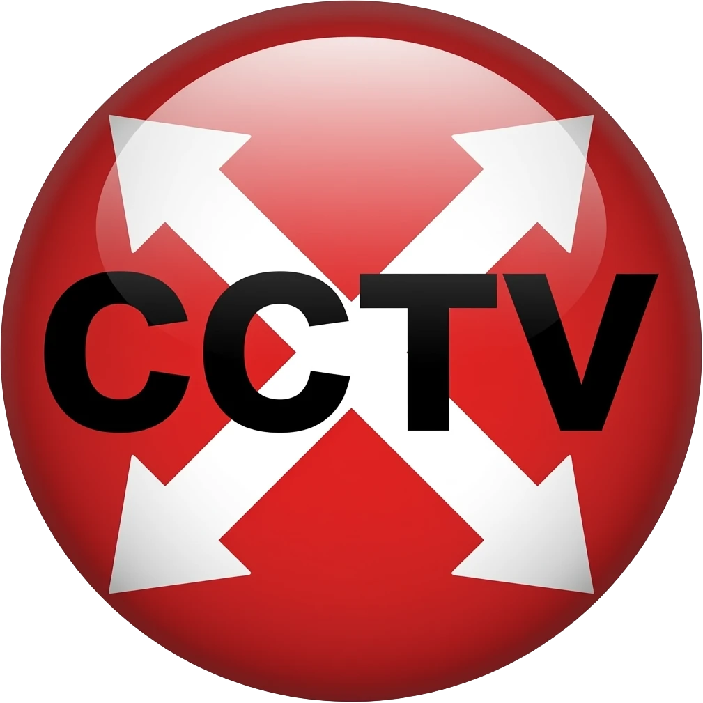 Red filled circle with white X and arrow on all end points on the X white circle in the middle. Biggest possible CCTV word across centre in black emoji