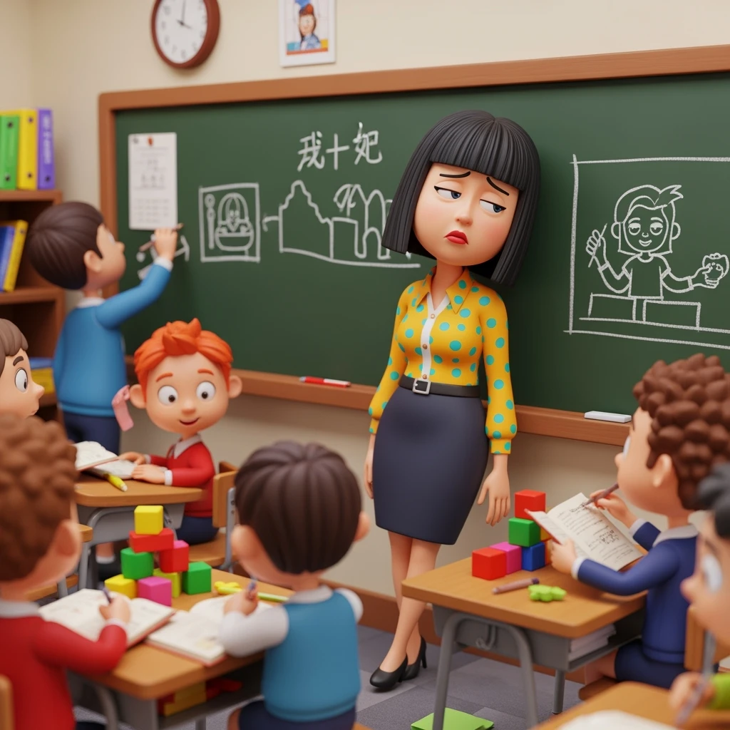 3d cartoon art of a exhausted teacher in a bustling classroom emoji