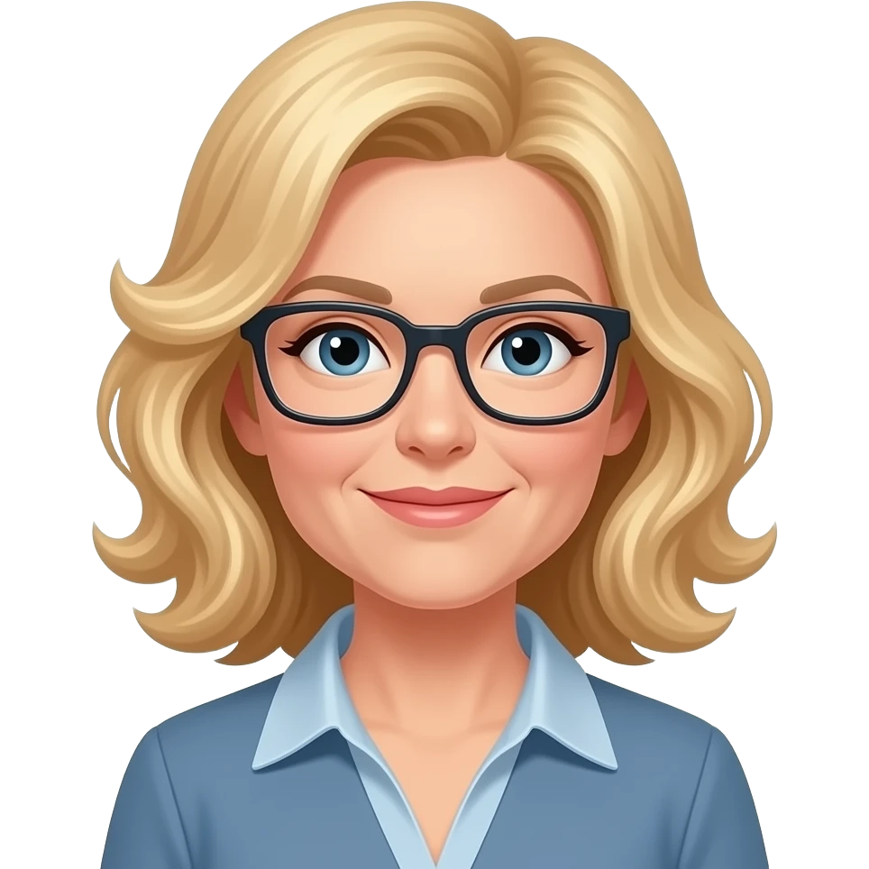 early fortieswoman with shoulder length bright blonde loosely  curled hair, rectangular glasses emoji