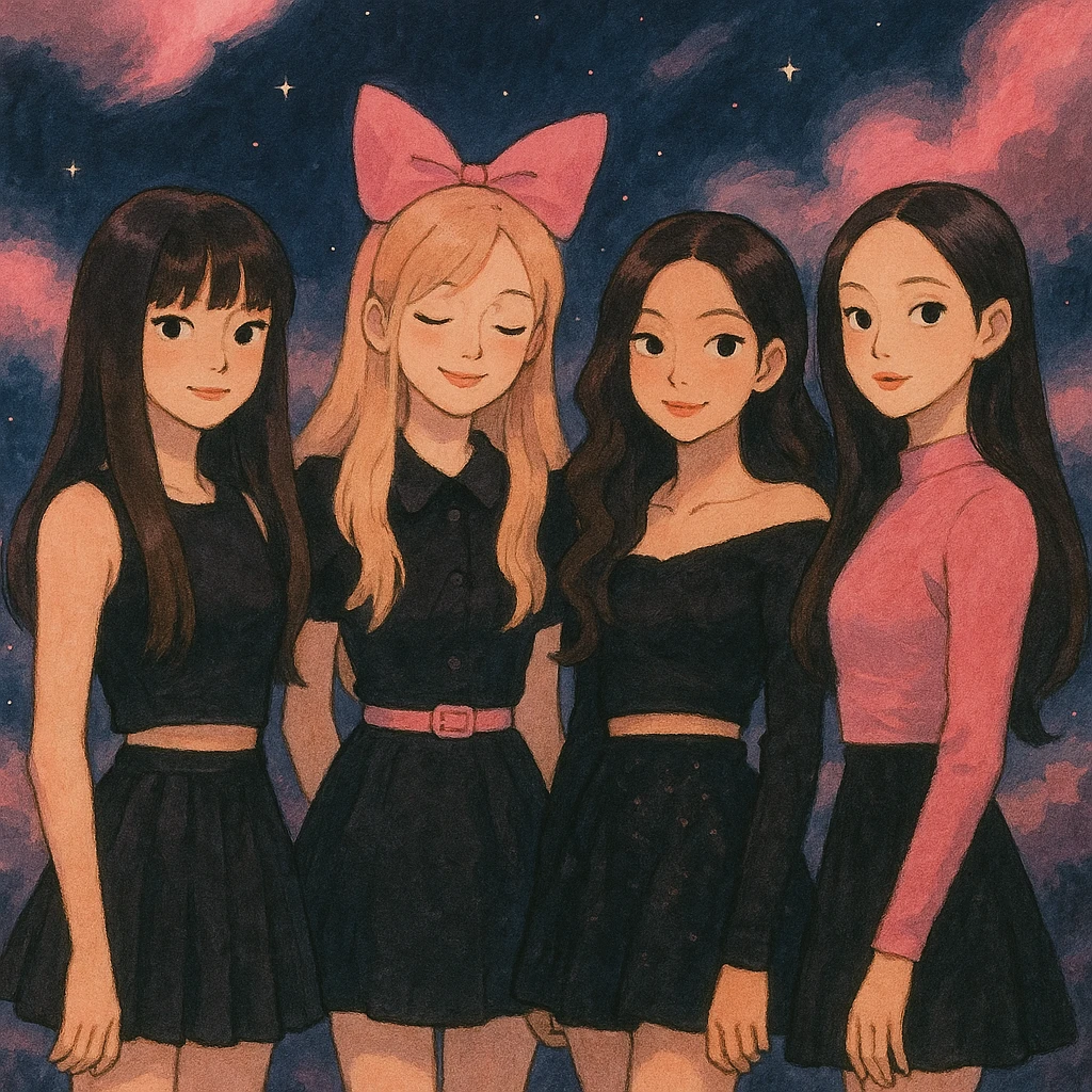 illustration inspired by BLACKPINK in Ghibli style, featuring black and pink colors, dreamy lighting, soft painterly textures, whimsical K-pop pop star vibe emoji
