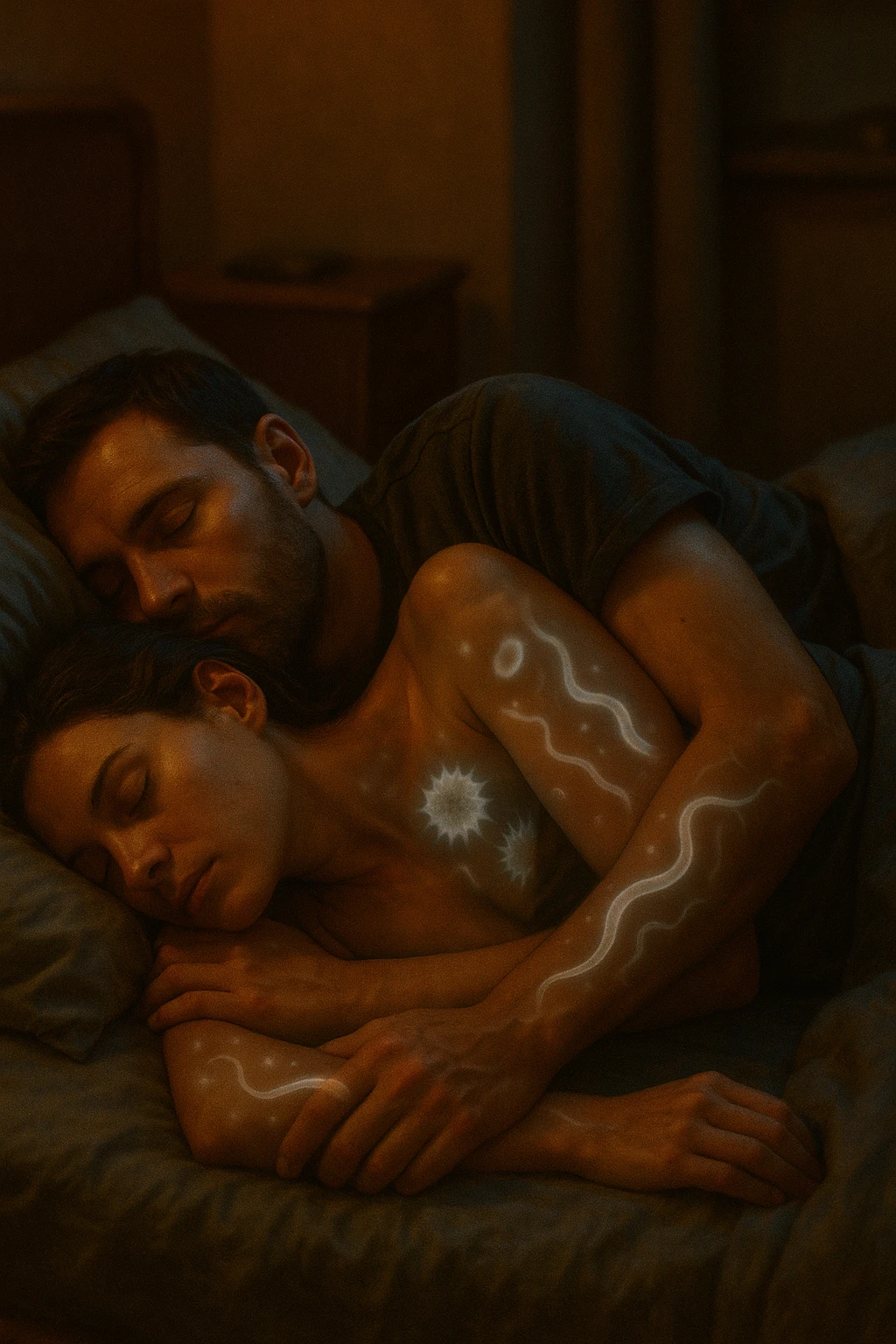 A hyper-realistic, cinematic image of a man and a woman sleeping together in the same bed under soft, dim night lighting, with their bodies close and touching. Their skin appears slightly illuminated where it touches, and under a subtle x-ray style overlay, faint ghostly silhouettes of microscopic parasites and worm-like organisms are visible crawling transdermally between their bodies, symbolizing silent, unnoticed parasite transmission during sleep. The environment is a cozy bedroom with warm tones, but the presence of the glowing parasites creates a slightly unsettling feeling, emphasizing the hidden danger. Their faces are calm, unaware, symbolizing the unconscious nature of the transmission. The image is detailed with a 35mm film hyperrealistic aesthetic, focusing sharply on the point of contact between their skin where the parasites pass, while the background remains softly blurred. The color palette uses muted warm browns and soft moonlight blues to maintain a nighttime, intimate feeling, contrasting with the translucent, glowing parasites to illustrate the hidden risk of transdermal parasite transmission while sharing a bed emoji