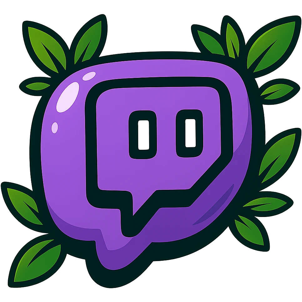 Very rounded, puffy Twitch logo in cartoon style, thick outline, dramatic shadows, shiny highlights, surrounded by vivid leaves, no background. Focus on contours, shadows, and glossy effects, matching the reference style. emoji