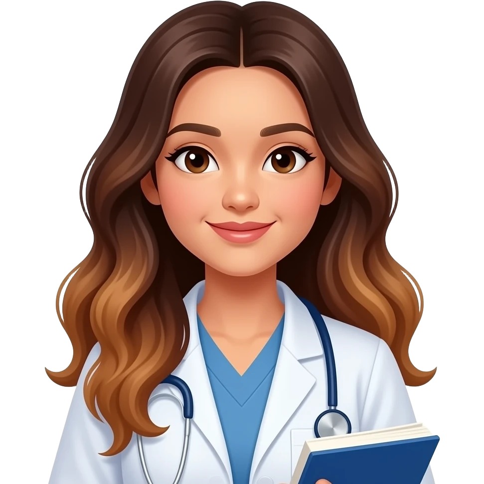 Beautiful Filipino girl with long wavy hair brown balayage medical student studying emoji
