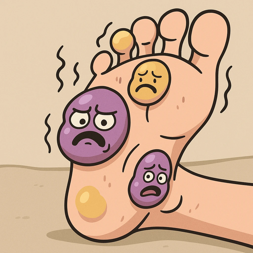 a foot with purple and yellow blisters, cartoon style, simple and bold emoji