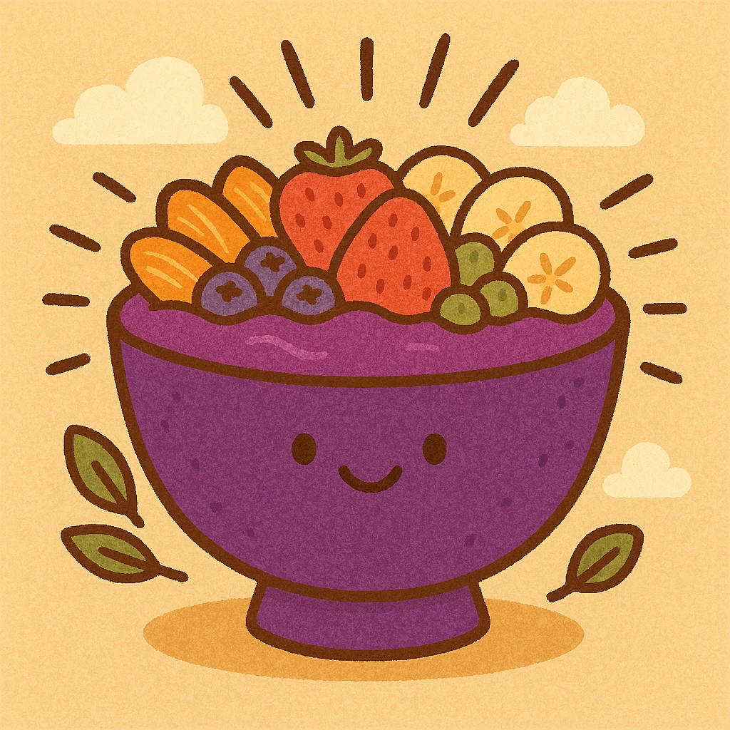 Mighty Purple acai bowl, cartoon style, bright purple base, colorful fruit, energetic vibe emoji