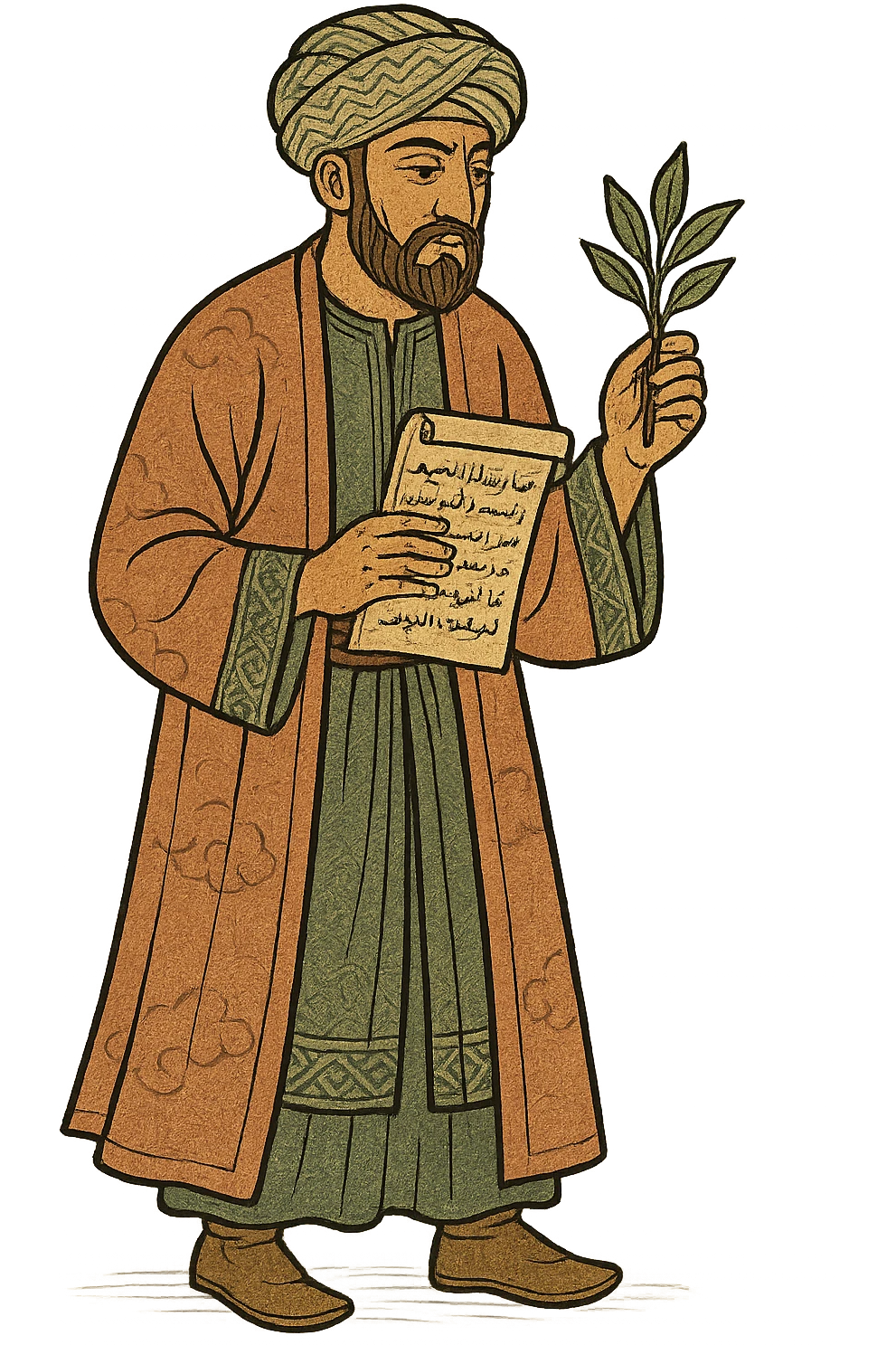The full body of a medieval islamic doctor holding a medieval script and some herbs emoji