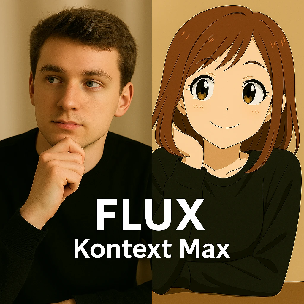 same similar image but chnage the text to "Flux Kontext Max", change people and pose too emoji