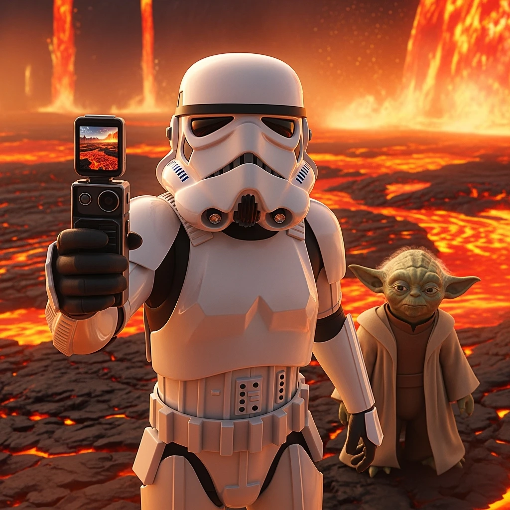make digital poster art of Camera POV, Starwars stormtroopers vlogging selfie, he is walking on lava planet with yoda
 emoji