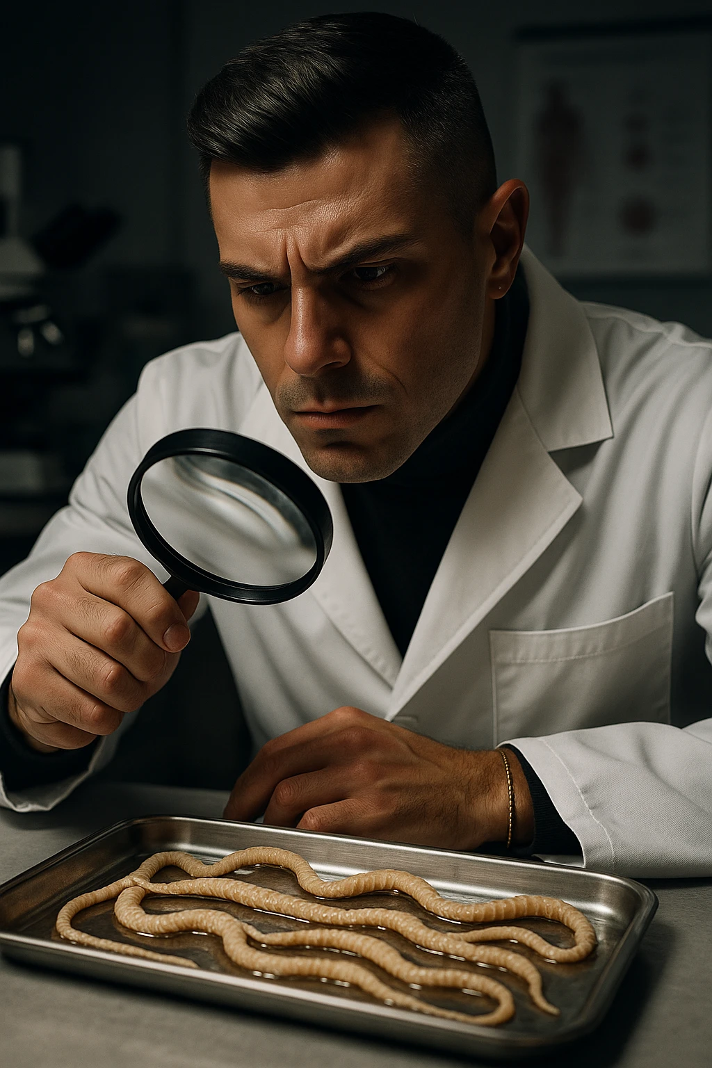 A middle-aged male kinesiologist wearing a pristine white lab coat, intensely analyzing long, beige tapeworms (like Taenia) under a magnifying glass. His expression is focused and slightly concerned, with dramatic studio lighting casting sharp shadows. The parasites are highly detailed, moist, and textured, stretched across a sterile metal tray. The background is blurred but suggests a clinical environment—hints of a microscope, medical charts, and clean lab equipment. The style is hyper-realistic, with a cinematic contrast between the bright white coat and the grotesque, organic forms of the parasites. No sci-fi elements, just raw medical realism with a disturbing edge emoji