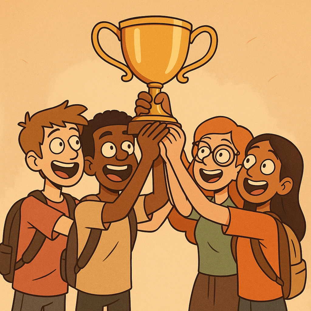 four students lifting a trophy, warm atmosphere, cartoon style, warm colors emoji