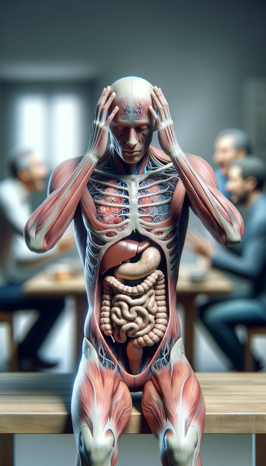 CORPO UMANO ANATOMICO SEDUTO a casa sua con intestinoa anatomico visibile CON PERSONE SFOCATE SULLO SFONDO CHE GLI PARLANO contro E LO ASSILLANO, LUI SI TIENE LE MANI SULLA TESTA ED è MOLTO STANCO E STRESSATO: non riesce ad ascoltare tutti quelli che gli stanno parlando, IPERREALISTICO 4K emoji
