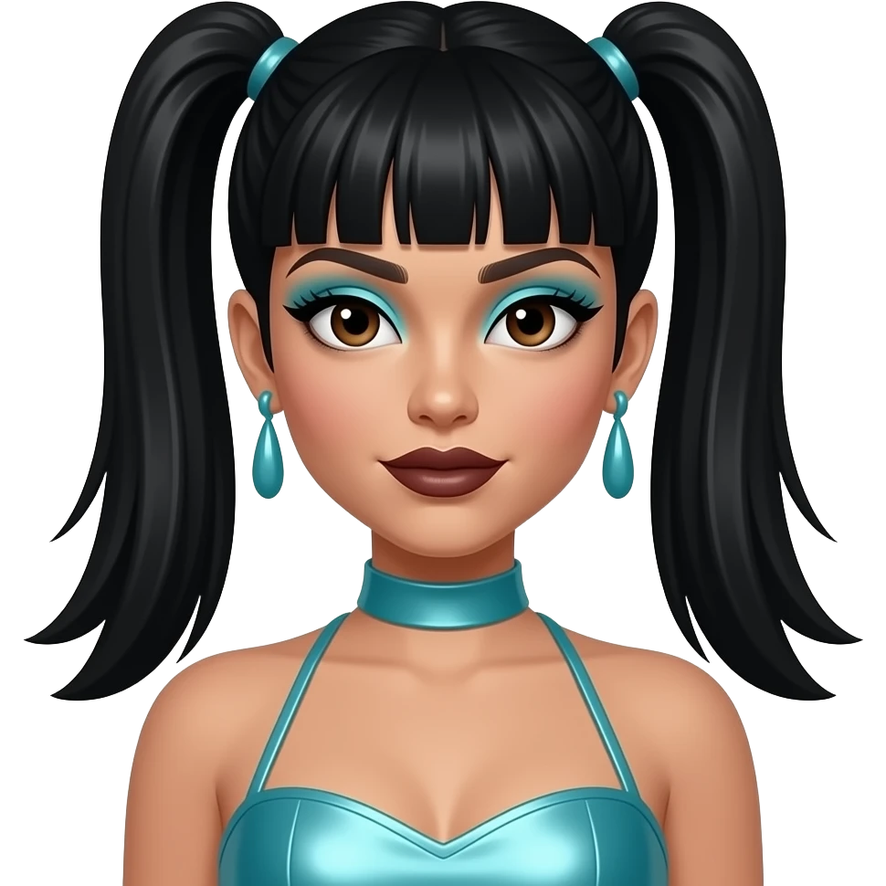 Lisa Left Eye Lopes from TLC with dark brown eyes, black 90s two high straight ponytail and updo hair with bang, cyan eyeshadow, dark brown lipstick, cyan metallic halter dress, cyan earrings emoji