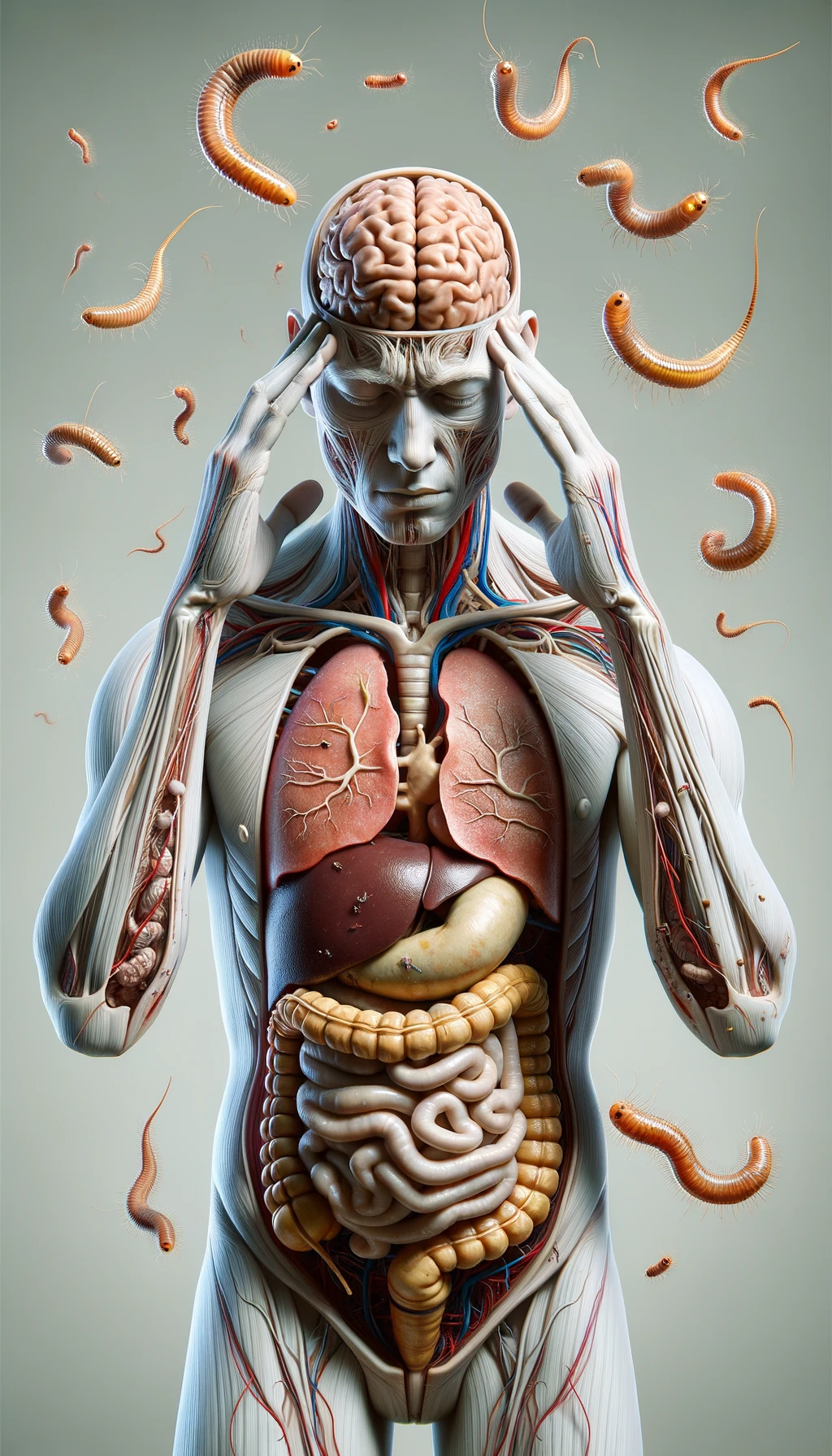 CORPO UMANO ANATOMICO CON MANI SULLE TEMPIE STRESSATO, INTORNO A LUI FLUTTUANO PARASSITI COME LA TENIA, INTESTINO E CERVELLO ANATOMICI IN EVIDENZA, SFONDO CHIARO NEUTRO, IPERREALISTICO 4K emoji
