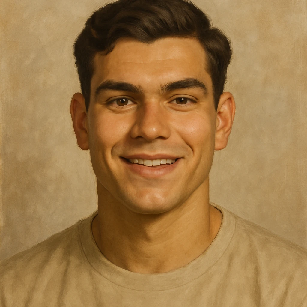 portrait of a young man, early twenties, square face, strong jawline, prominent cheekbones, broad forehead, thick arched eyebrows, hazel almond eyes, prominent eyelids, wide nose bridge, upturned nose tip, full lips, thinner upper lip, wheat skin, dark brown wavy hair combed right to left, normal ears, sincere happy smile, semi-realistic style emoji