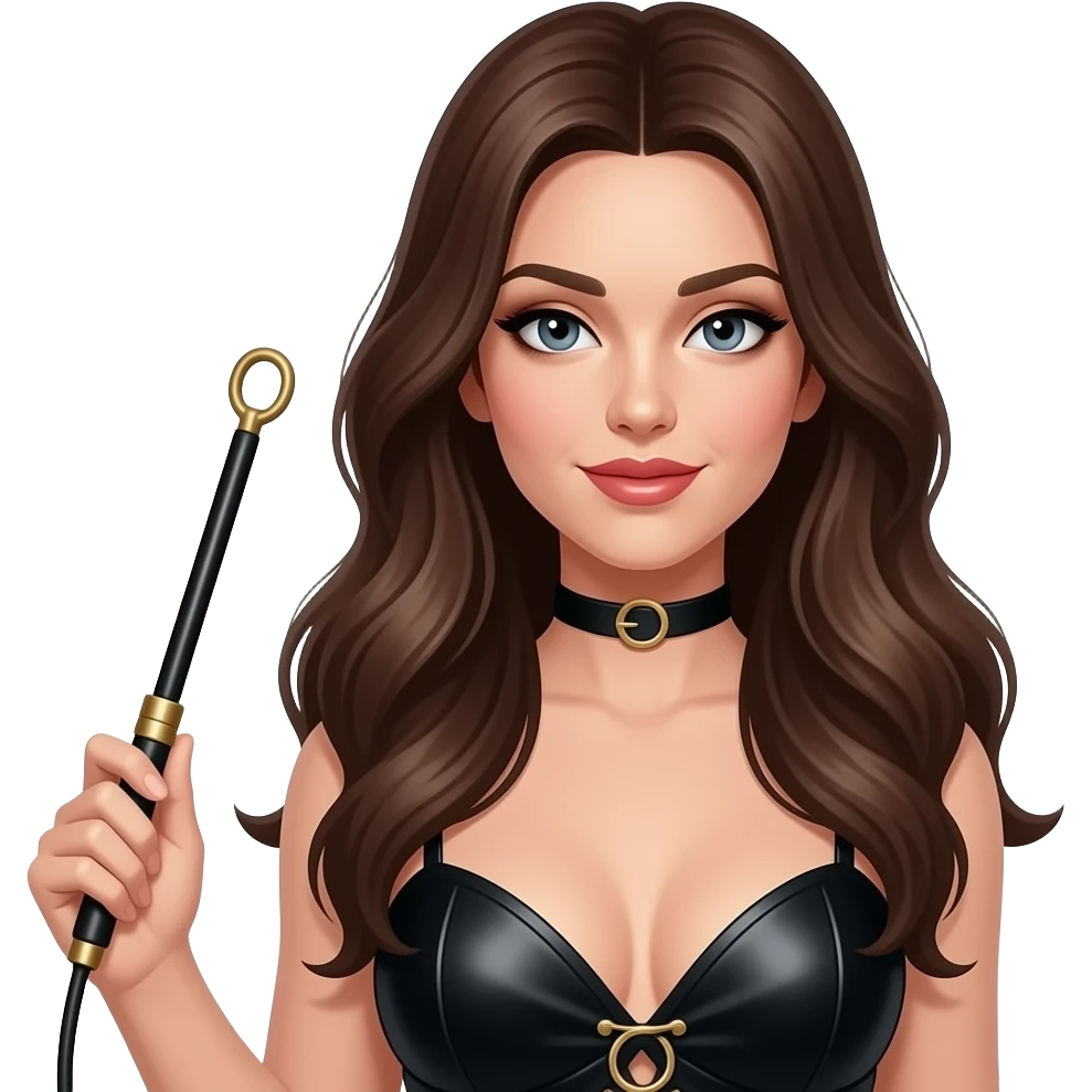 Long brown hair woman, white skin colour, with a sexy whip in her hand. Like dominatrix emoji
