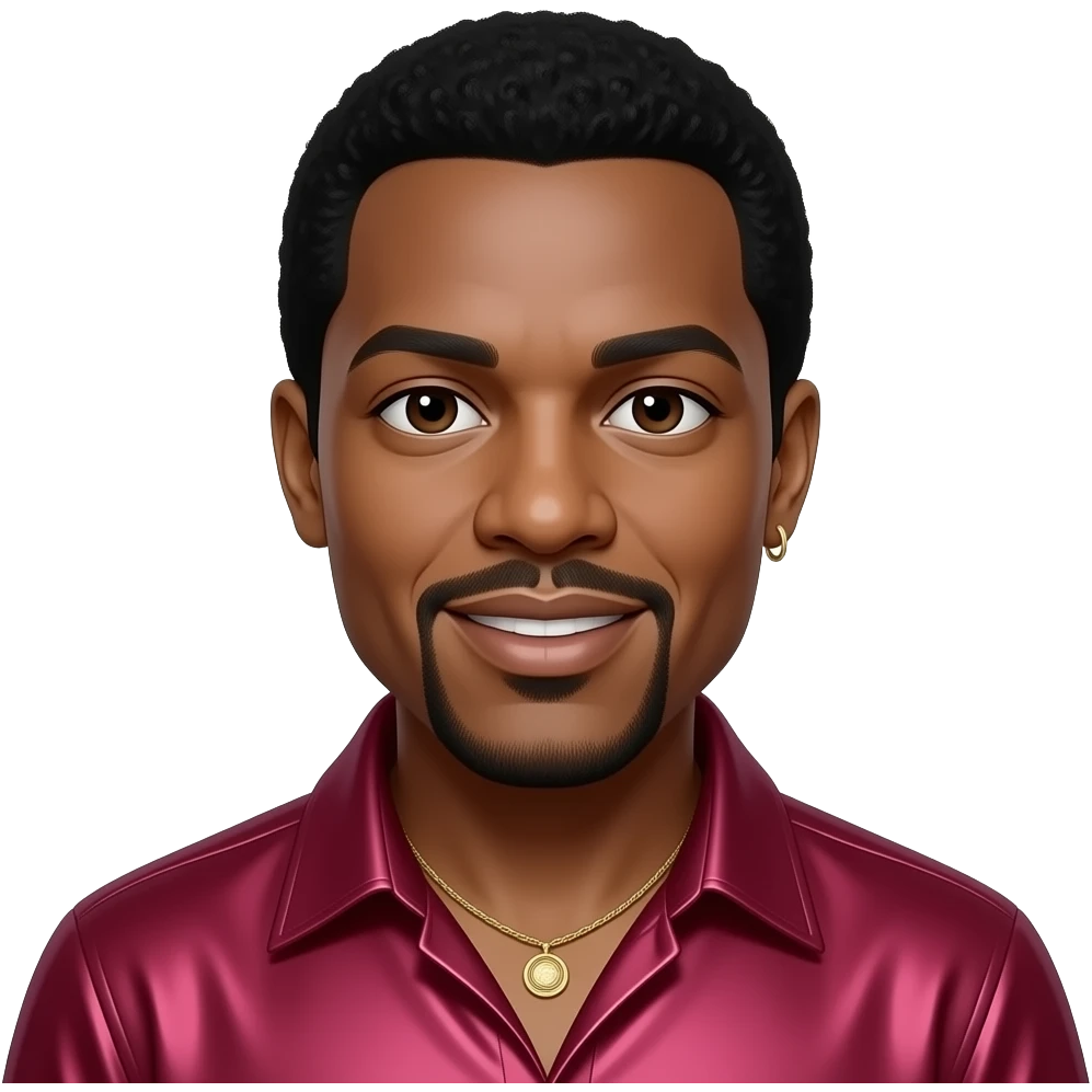 Marvin Gaye with dark brown eyes, black hair, ruby red metallic shirt, necklace and one earrings emoji