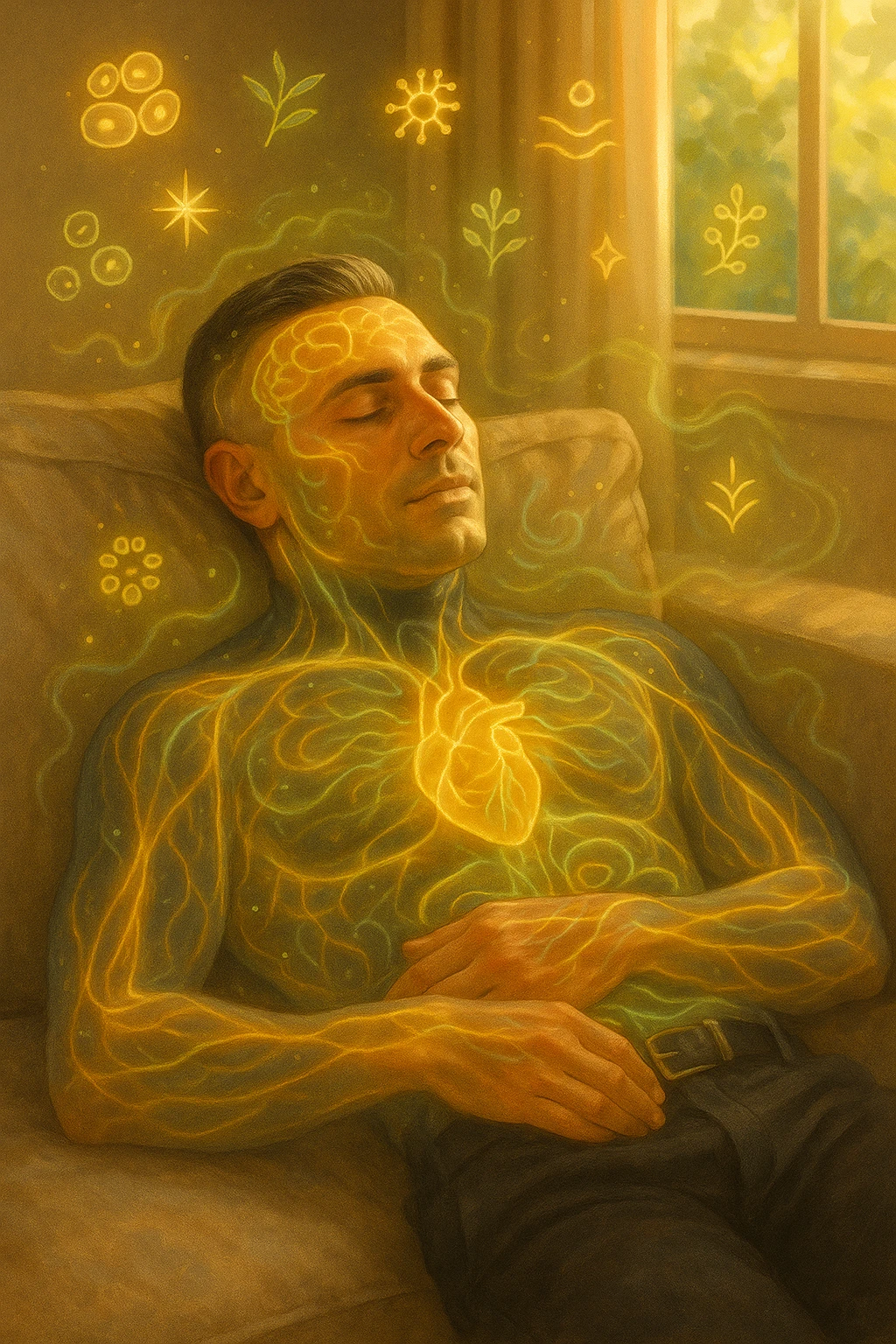 Uomo sdraiato su un divano nel primo pomeriggio, mentre fa un breve riposino. Il suo corpo appare parzialmente trasparente o stilizzato, con luce calda e flussi energetici dorati e verdi che scorrono attraverso muscoli, cervello, e organi. Intorno a lui si vedono piccoli simboli di rigenerazione: cellule che si rinnovano, tessuti che si illuminano, aura rilassata. L'ambiente è calmo e ordinato, luce naturale che entra da una finestra, atmosfera rigenerante, stile realistico con accenti metaforici. emoji