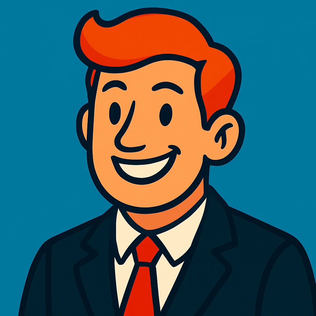 Headshot of a red-haired man in a black suit with a red tie, smiling, showing only the head and a bit of the torso, no beard, vibrant toon style. emoji