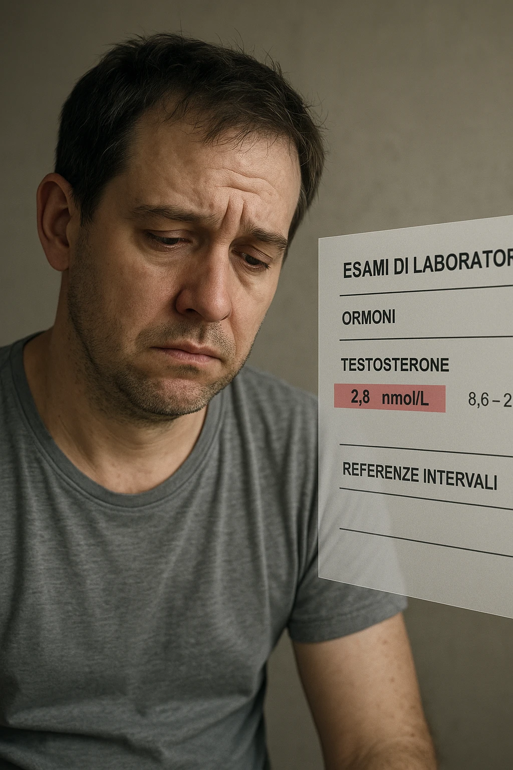 Un uomo caucasico di 35-45 anni, in CGI fotorealistico, che mostra i segni fisici ed emotivi di un basso livello di testosterone. aggiungere un referto medico semi-trasparente fluttuante accanto a lui, con valori di testosterone evidenziati in rosso. in italiano emoji