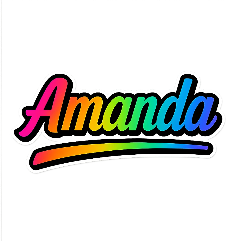 Amanda name in modern gradient font with precise Hungarian characters, dark outline, extra thick, prominent white letter border, dynamic slanted underline, rainbow gradient colors, 1000x1000 px, PNG, transparent background emoji