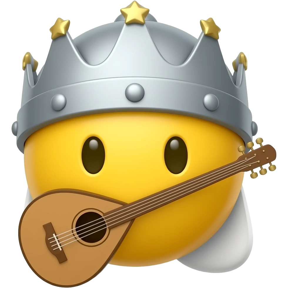 verry round yellow face emoji with a "medieval bard hat" and a "medieval bard instrument", "no arms nor hands" emoji
