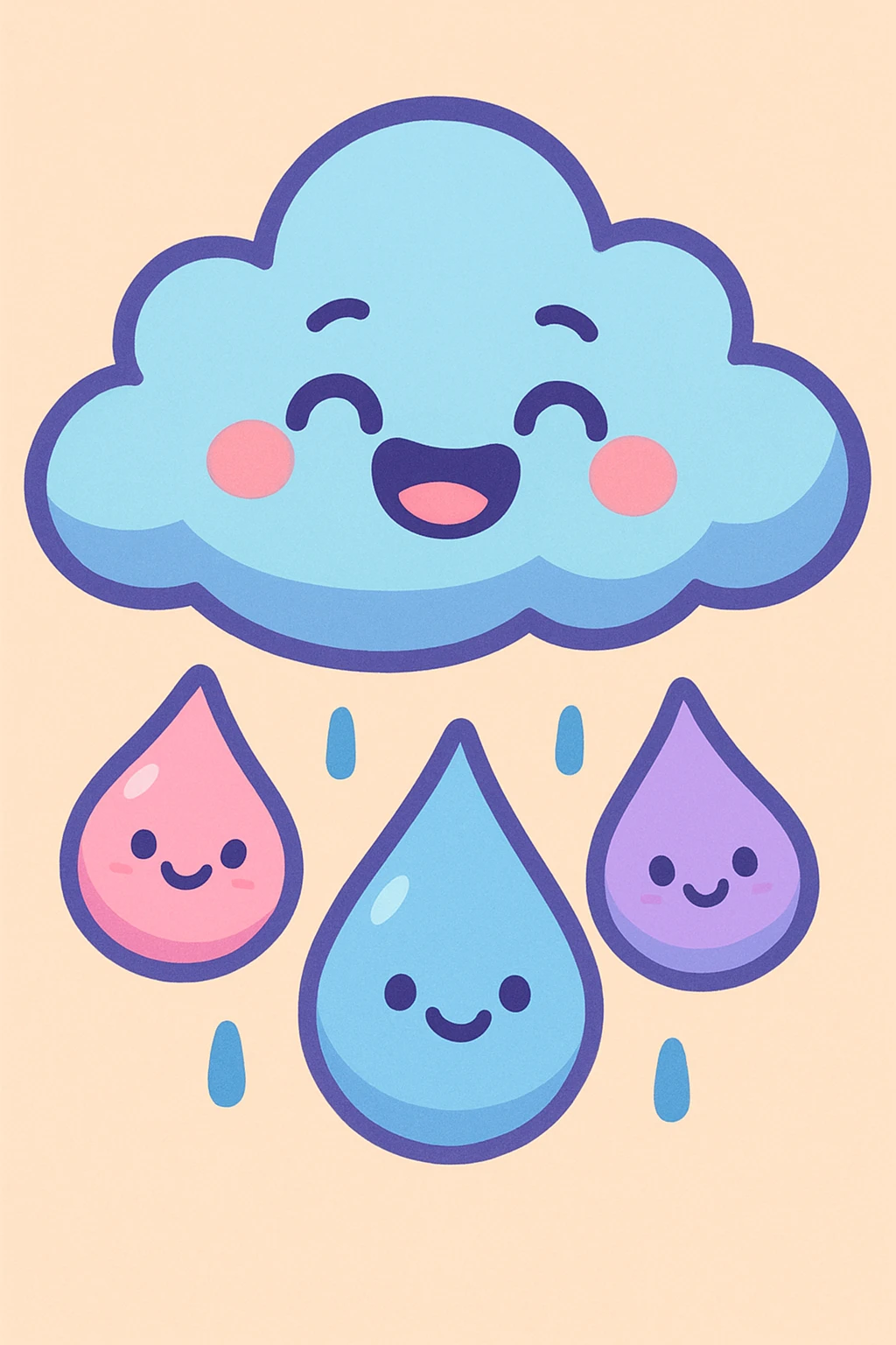 adorable rain icon with chubby raindrops with happy faces, pastel colors, playful and cute emoji
