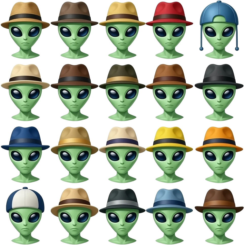 A alien wearing 15 different hats emoji