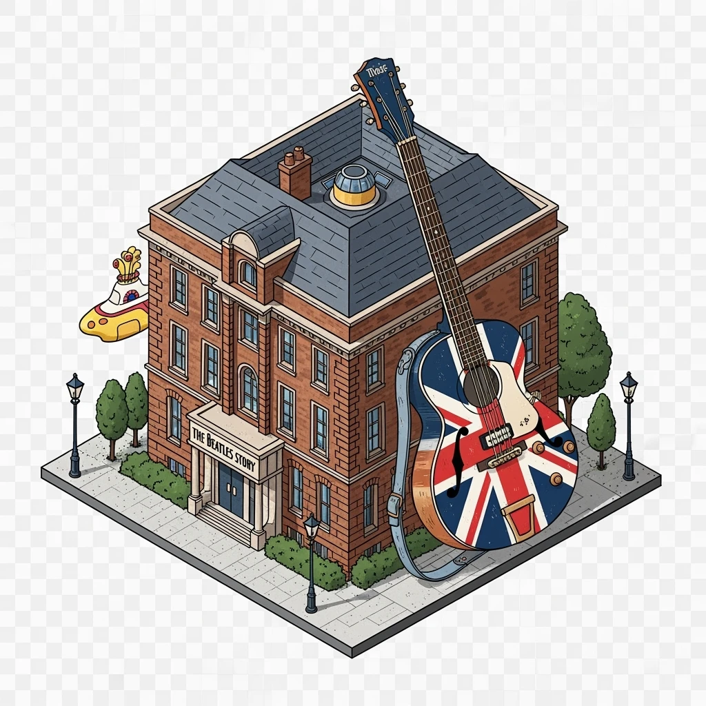 Isometric illustration photorealistic The Beatles Story museum, a Union Jack guitar and brick building in a miniature, slightly hand-drawn style, balanced between stylized and realistic, no cartoonish look, transparent background. emoji