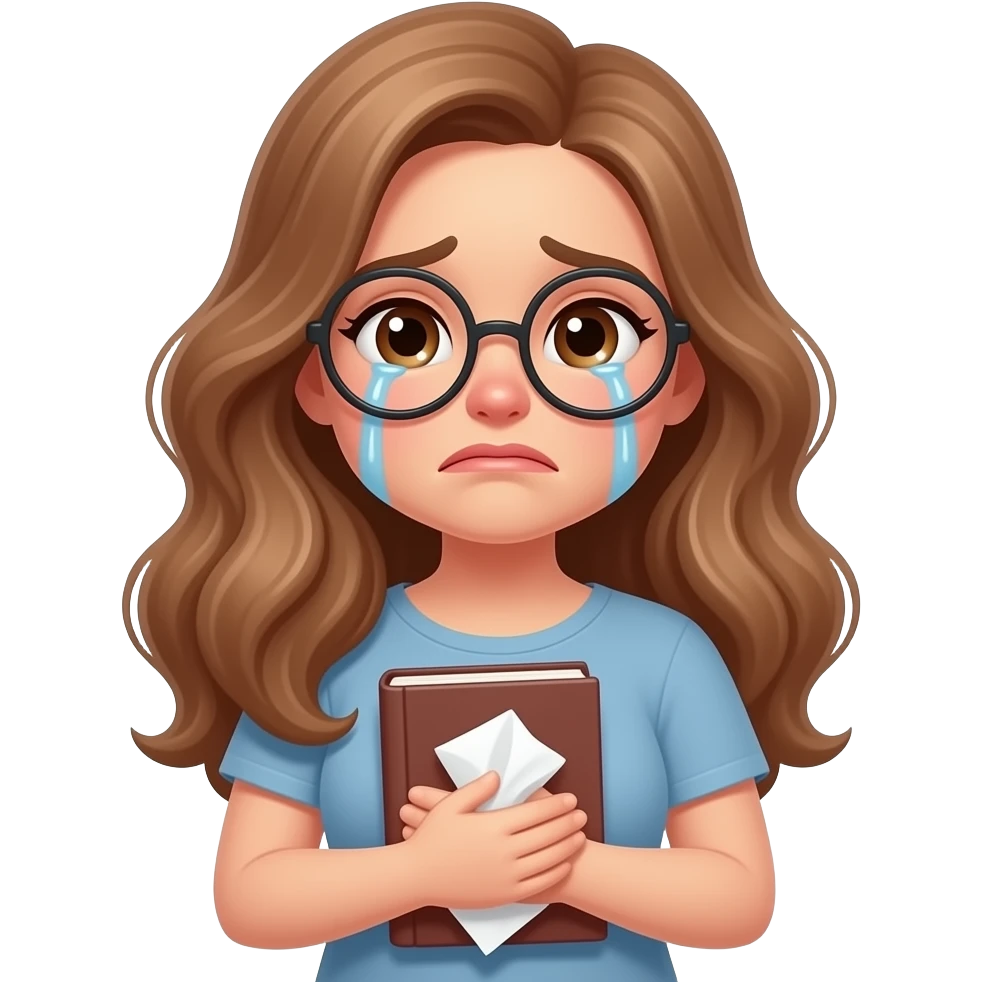detailed emoji illustration of a curvy woman with long light brown wavy hair, light brown eyes and round glasses crying while holding a closed book to her chest and a tissu on her hands, emotional ending vibe, cute emoji style emoji