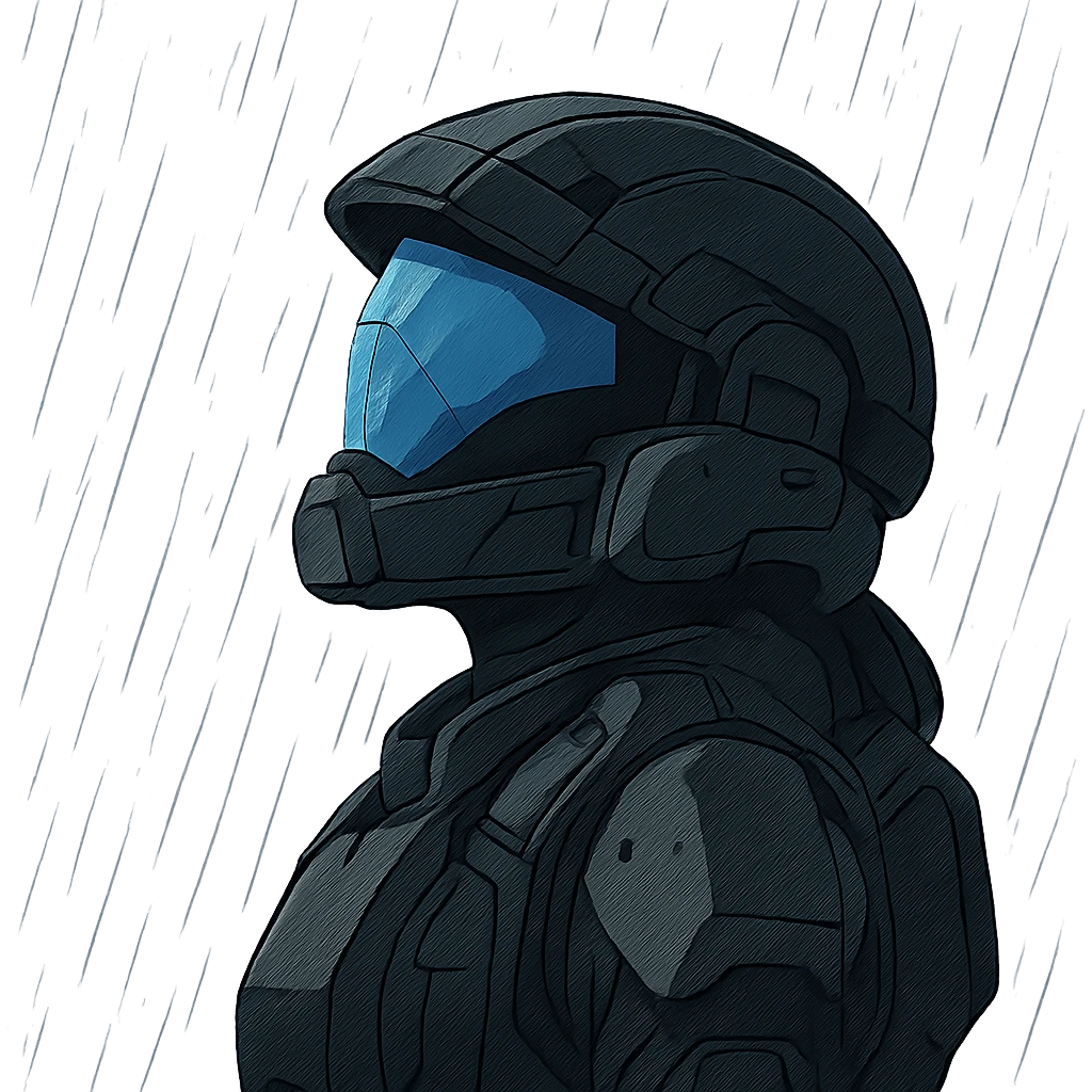 A female odst, blue full face visor, right shoulder profile, helmet on, looking up to the sky, the sky is pouring rain, midnight shadows emoji