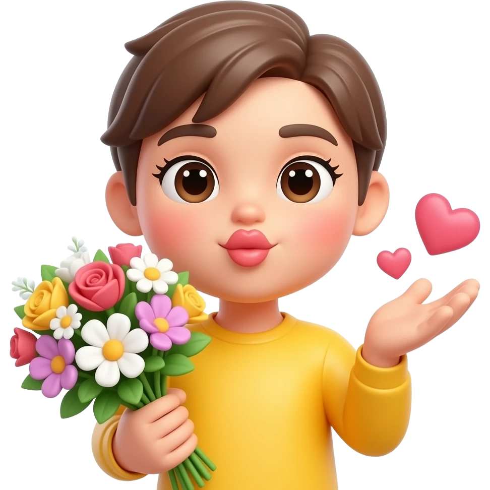 3D glossy yellow emoji blowing a kiss, cute feminine expression with long eyelashes and soft blush, holding a bouquet of flowers, small floating hearts, soft lighting, pastel colors, high detail, smooth shading, glowing outline, cartoon sticker style, clean background emoji