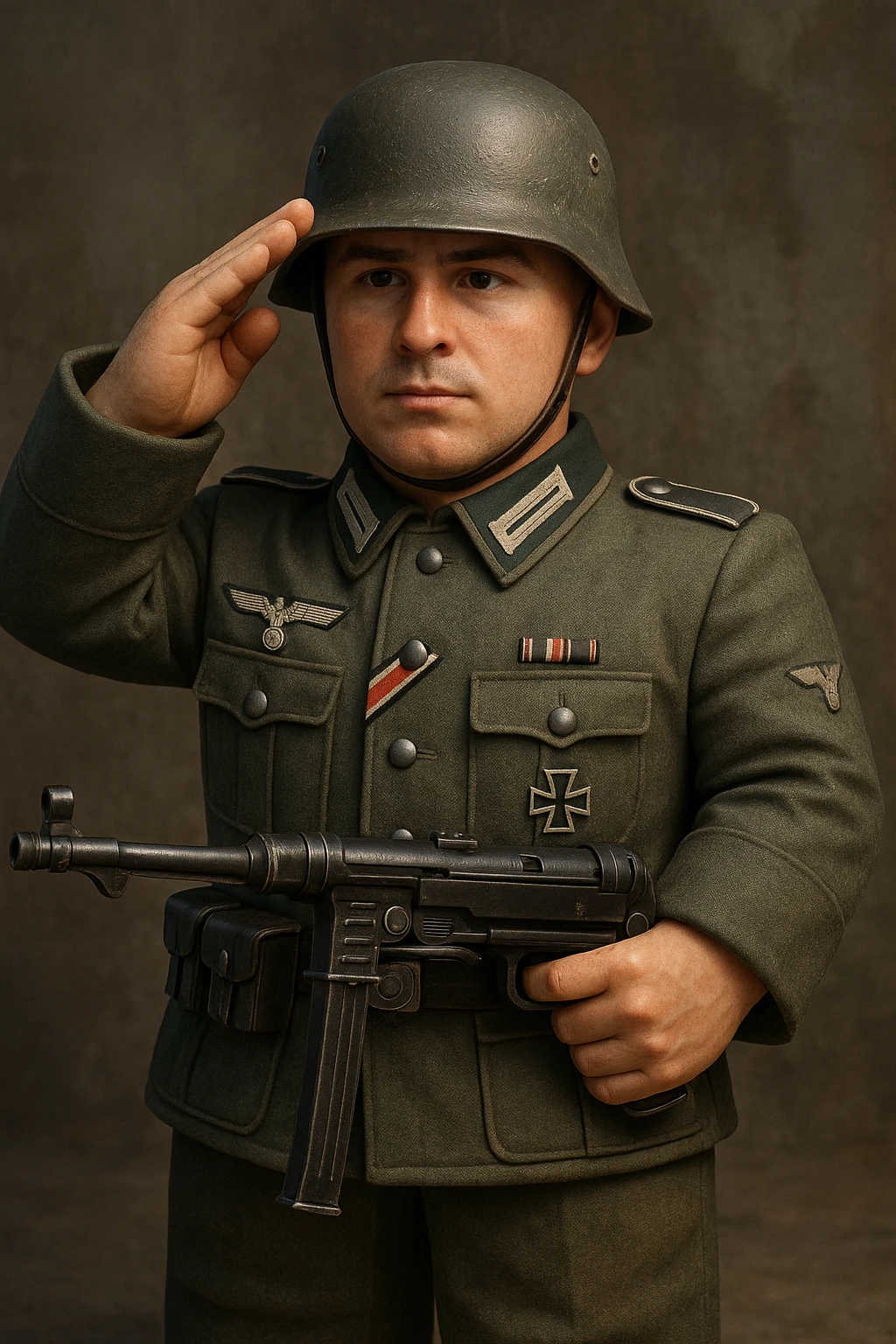 World War II soldier inspired by Roblox style, realistic skin texture, saluting and holding an MP40, wearing a German uniform emoji